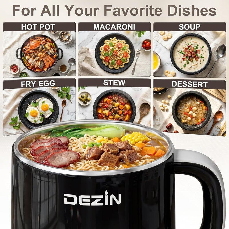 DEZIN Hot Pot Electric, Rapid Noodles Cooker, Stainless Steel Electric Pot 1.6 Liter, Perfect for Ramen, Egg, Pasta, Dumpling, Soup, Porridge, Oatmeal with Temperature Control and Keep Warm Function - Image 4